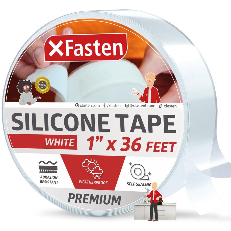 XFasten Self Fusing Silicone Tape Waterproof Whiteâ€“ 1" x 36 Feet, Self Amalgamating Tape, Silicone Rubber for Plumbing, Sealing Pipes, Hose Repair, Outdoor Coax and Electrical Cables â€“ Weatherproof - Image 1